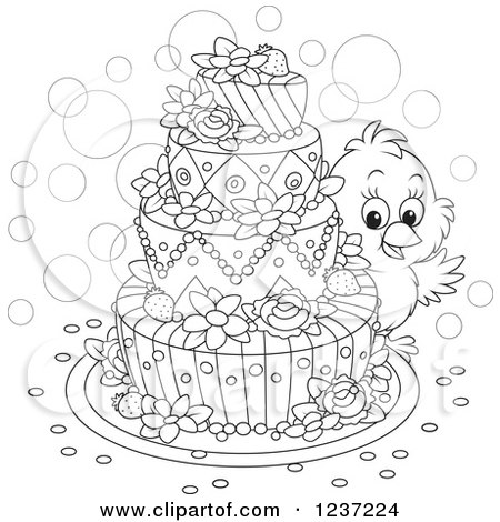 Clipart of a Black and White Chick Looking Around an Easter Cake - Royalty Free Vector Illustration by Alex Bannykh
