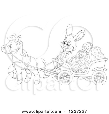Clipart of an Outlined Male Easter Bunny Rabbit Steering a Horse Drawn Cart Full of Eggs - Royalty Free Vector Illustration by Alex Bannykh