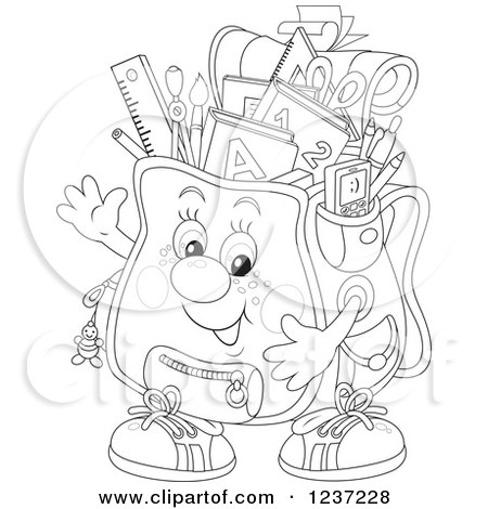Clipart of a Black and White Happy Waving Backpack Full of School Supplies - Royalty Free Vector Illustration by Alex Bannykh