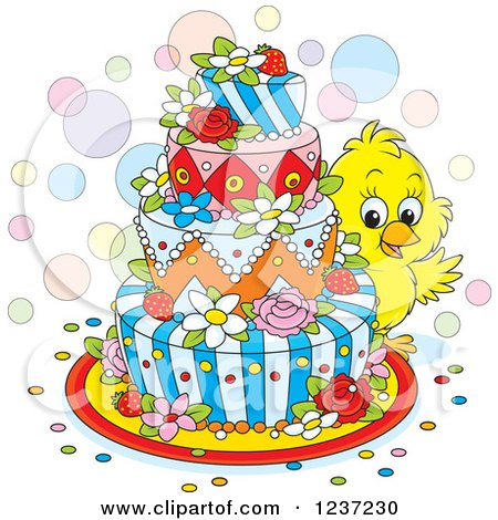 Clipart of a Cute Chick Looking Around an Easter Cake - Royalty Free Vector Illustration by Alex Bannykh