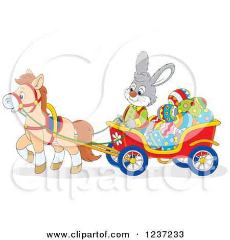Clipart of a Gray Male Easter Bunny Rabbit Steering a Horse Drawn Cart Full of Eggs - Royalty Free Vector Illustration by Alex Bannykh