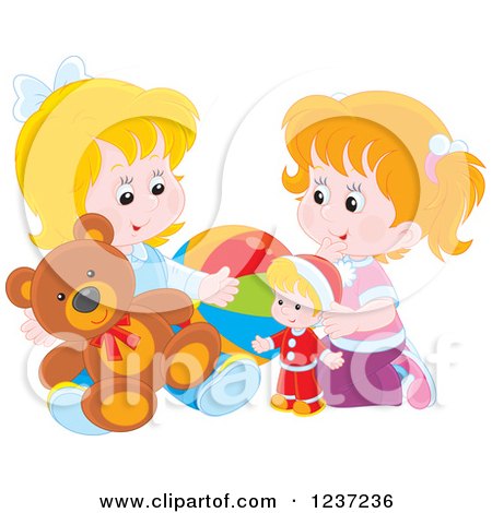 Clipart of Two Happy Caucasian Girls Playing with Toys - Royalty Free Vector Illustration by Alex Bannykh