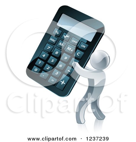 Clipart of a 3d Silver Man Holding a Giant Calculator - Royalty Free Vector Illustration by AtStockIllustration