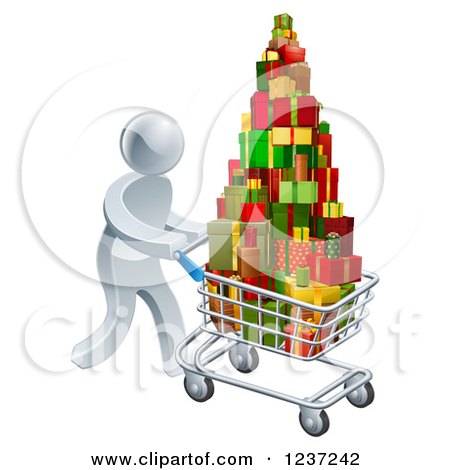 Clipart of a 3d Silver Man Pushing a Shopping Cart Full of Presents - Royalty Free Vector Illustration by AtStockIllustration