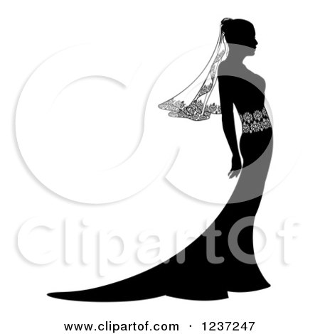 Clipart of a Silhouetted Black and White Bride in Profile with a Veil - Royalty Free Vector Illustration by AtStockIllustration