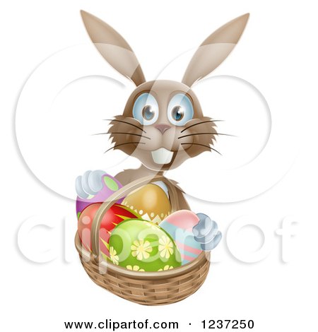 Clipart of a Happy Brown Bunny with Easter Eggs and a Basket - Royalty Free Vector Illustration by AtStockIllustration