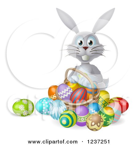 Clipart of a Happy Gray Bunny with Easter Eggs and a Basket - Royalty Free Vector Illustration by AtStockIllustration