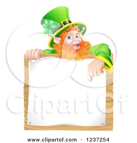 Clipart of a St Patricks Day Leprechaun Pointing down to a Notice on a Wooden Sign - Royalty Free Vector Illustration by AtStockIllustration
