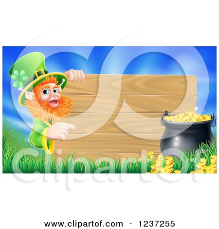 Clipart of a St Patricks Day Leprechaun Pointing to a Wood Sign with Grass a Pot of Gold and Blue Sky - Royalty Free Vector Illustration by AtStockIllustration