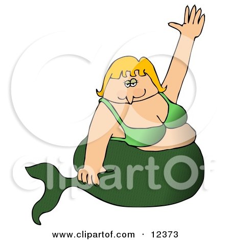 Chubby Female Blond Mermaid in a Green Bikini Top Waving Clipart Picture by djart