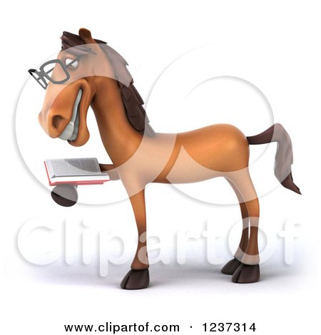 Clipart of a 3d Bespectacled Horse Reading a Book 2 - Royalty Free Illustration by Julos