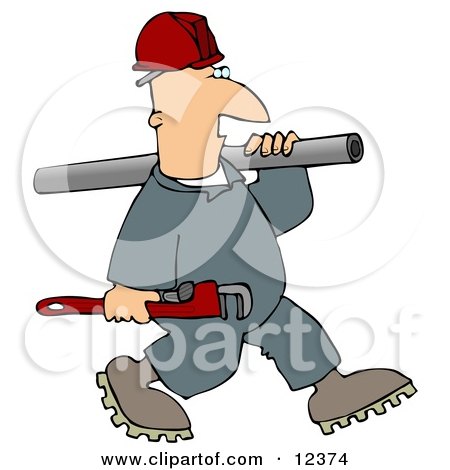 Plumber Man Carrying a Wrench and Pipe Clipart Picture by djart