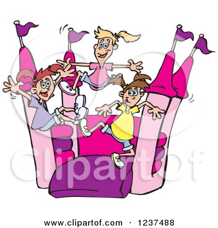Clipart of Asian Girls Jumping on a Pink and Purple Castle Bouncy House - Royalty Free Vector Illustration by Dennis Holmes Designs
