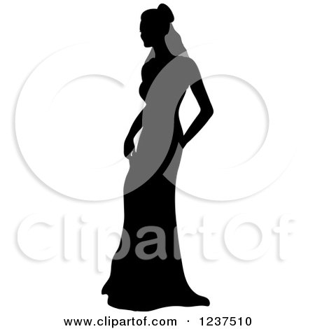Clipart of a Silhouetted Bride in a Dress and Veil - Royalty Free Vector Illustration by Pams Clipart