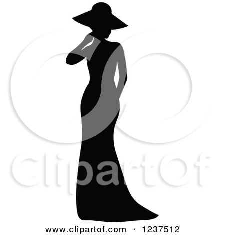 Clipart of a Black Silhouetted Bride in a Floppy Hat - Royalty Free Vector Illustration by Pams Clipart
