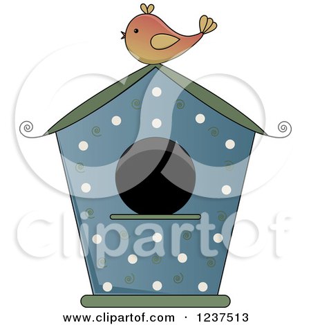 Clipart of a Blue Bird House with Polka Dots and Swirls - Royalty Free Vector Illustration by Pams Clipart