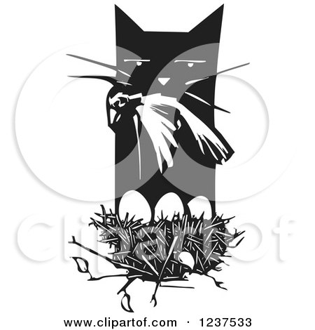 Clipart of a Woodcut Cat with a Dead Bird over a Nest, Black and White - Royalty Free Vector Illustration by xunantunich
