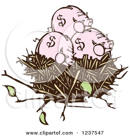 Clipart of Woodcut Piggy Banks in a Nest - Royalty Free Vector Illustration by xunantunich