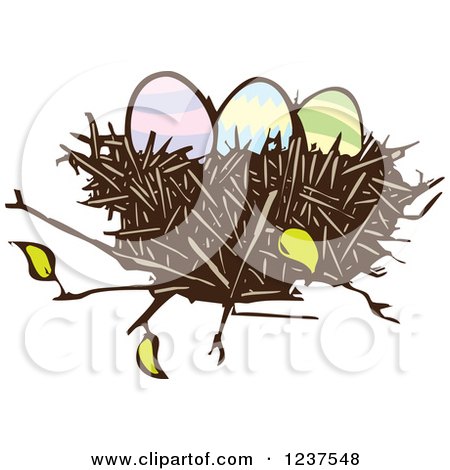 Clipart of a Woodcut Nest with Easter Eggs - Royalty Free Vector Illustration by xunantunich