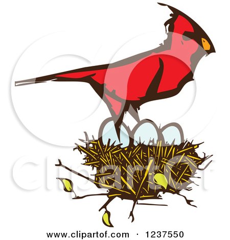 Clipart of a Woodcut Cardinal Bird over Eggs in a Nest - Royalty Free Vector Illustration by xunantunich