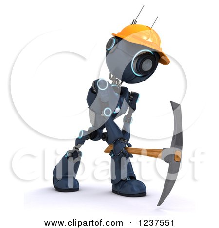 Clipart of a 3d Blue Android Construction Robot Using a Pick Axe - Royalty Free CGI Illustration by KJ Pargeter