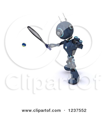 Clipart of a 3d Blue Android Robot Playing Tennis 2 - Royalty Free CGI Illustration by KJ Pargeter