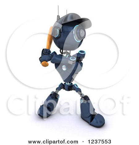 Clipart of a 3d Blue Android Robot Batting at a Baseball Game - Royalty Free CGI Illustration by KJ Pargeter