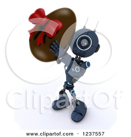 Clipart of a 3d Blue Android Robot Holding a Chocolate Easter Egg - Royalty Free CGI Illustration by KJ Pargeter