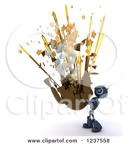 Clipart of a 3d Blue Android Robot with an Exploding Chocolate Easter Egg - Royalty Free CGI Illustration by KJ Pargeter