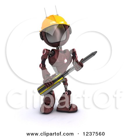 Clipart of a 3d Red Android Robot with a Screwdriver 3 - Royalty Free CGI Illustration by KJ Pargeter