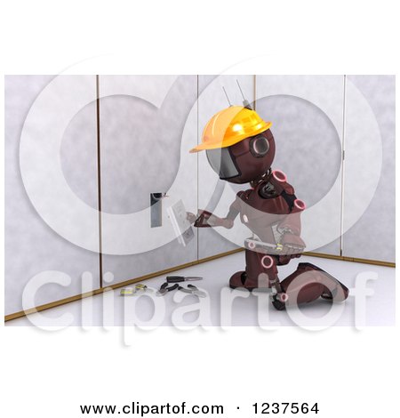 Clipart of a 3d Red Android Construction Robot Installing an Electrical Socket - Royalty Free CGI Illustration by KJ Pargeter