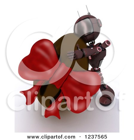 Clipart of a 3d Red Android Robot Hugging a Chocolate Easter Egg - Royalty Free CGI Illustration by KJ Pargeter