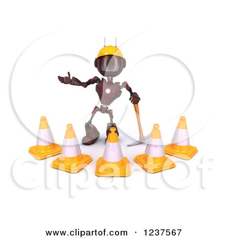 Clipart of a 3d Red Android Construction Robot with Cones and a Pickaxe 2 - Royalty Free CGI Illustration by KJ Pargeter