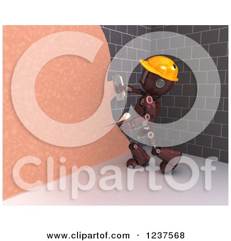 Clipart of a 3d Red Android Construction Robot Plastering over a Brick Wall - Royalty Free CGI Illustration by KJ Pargeter