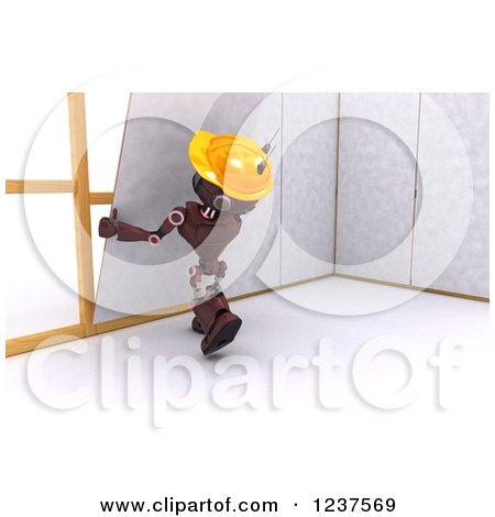Clipart of a 3d Red Android Construction Robot Hanging Drywall - Royalty Free CGI Illustration by KJ Pargeter