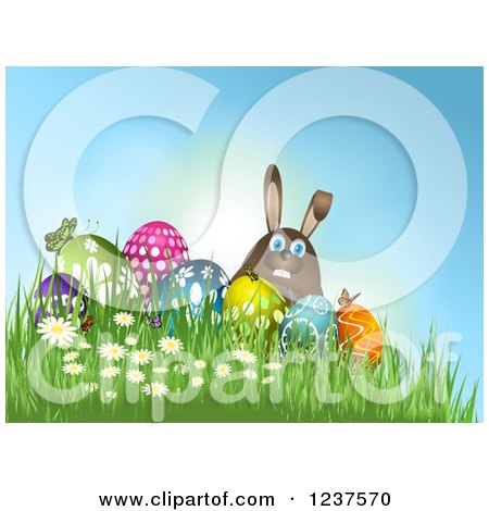 Clipart of a 3d Easter Bunny with Eggs Butterflies Grass and Flowers on a Hill - Royalty Free Vector Illustration by KJ Pargeter