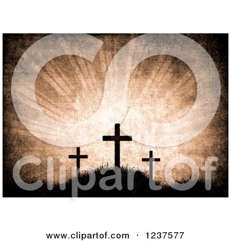 Clipart of a Distressed Background of Three Easter Crosses and Sun Rays - Royalty Free CGI Illustration by KJ Pargeter