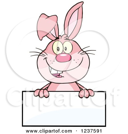 Clipart of a Happy Pink Rabbit over a Blank Sign - Royalty Free Vector Illustration by Hit Toon