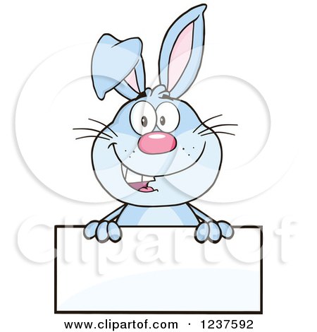 Clipart of a Happy Blue Rabbit over a Blank Sign - Royalty Free Vector Illustration by Hit Toon