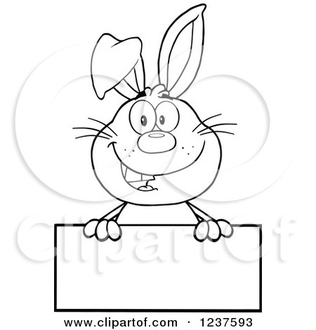 Clipart of a Black and White Happy Rabbit over a Blank Sign - Royalty Free Vector Illustration by Hit Toon