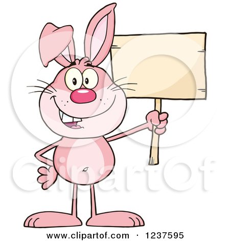 Clipart of a Happy Pink Rabbit Holding a Wooden Sign - Royalty Free Vector Illustration by Hit Toon