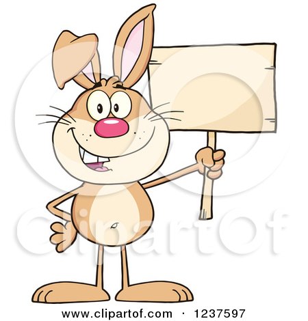 Clipart of a Happy Brown Rabbit Holding a Wooden Sign - Royalty Free Vector Illustration by Hit Toon