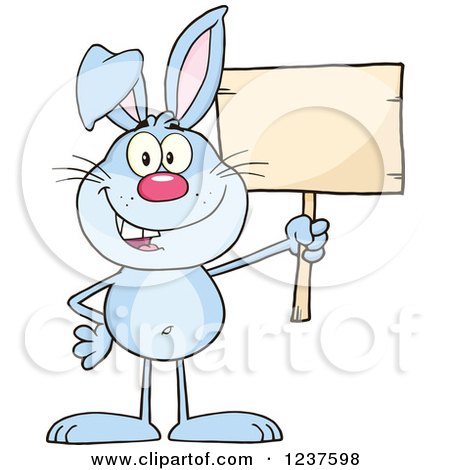 Clipart of a Happy Blue Rabbit Holding a Wooden Sign - Royalty Free Vector Illustration by Hit Toon