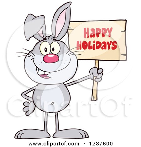 Clipart of a Gray Easter Bunny Holding a Happy Holidays Sign - Royalty Free Vector Illustration by Hit Toon
