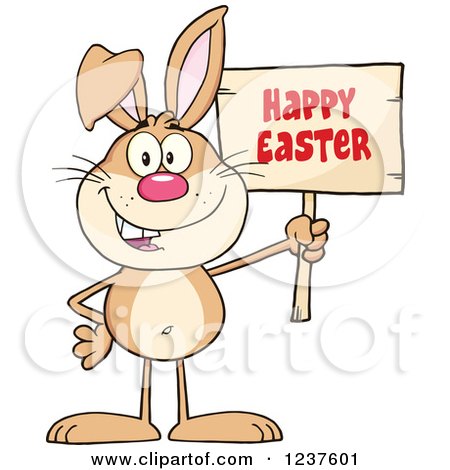 Clipart of a Brown Rabbit Holding a Happy Easter Sign - Royalty Free Vector Illustration by Hit Toon
