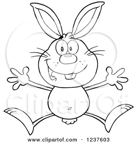 Clipart of a Black and White Happy Rabbit Jumping - Royalty Free Vector Illustration by Hit Toon