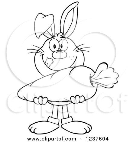 Clipart of a Black and White Rabbit Holding a Giant Carrot - Royalty Free Vector Illustration by Hit Toon
