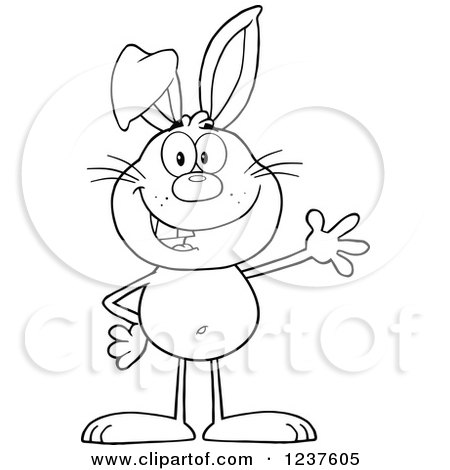 Clipart of a Black and White Happy Rabbit Waving - Royalty Free Vector Illustration by Hit Toon