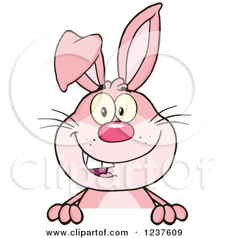 Clipart of a Happy Pink Rabbit over a Sign - Royalty Free Vector Illustration by Hit Toon