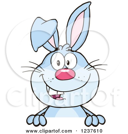 Clipart of a Happy Blue Rabbit over a Sign - Royalty Free Vector Illustration by Hit Toon